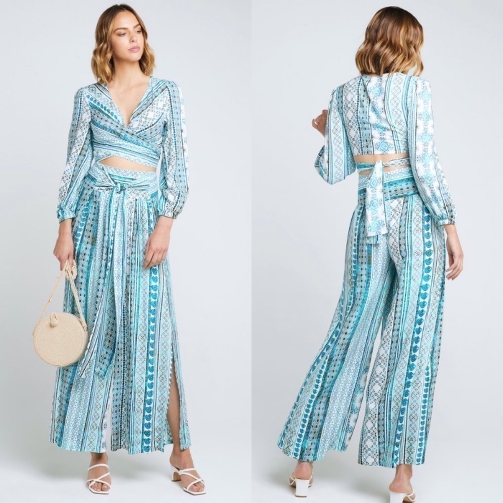 NWT ZHU Ulma Wrap Top Wide Leg Pants‎ Set Blue XS